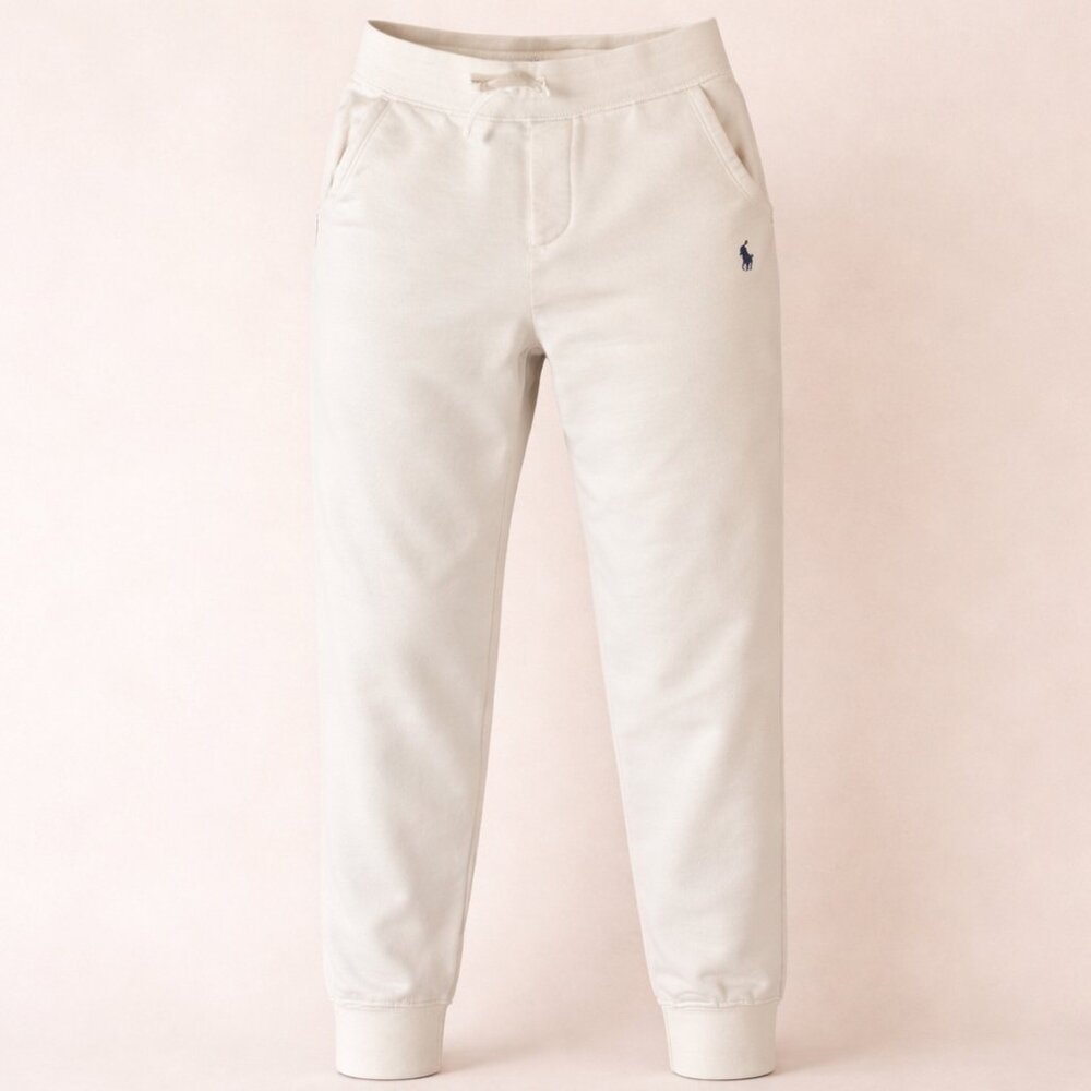 Polo Ralph Lauren Boys Fleece Joggers Plaid Patch Pocket Cream Sweatpant M 10-12